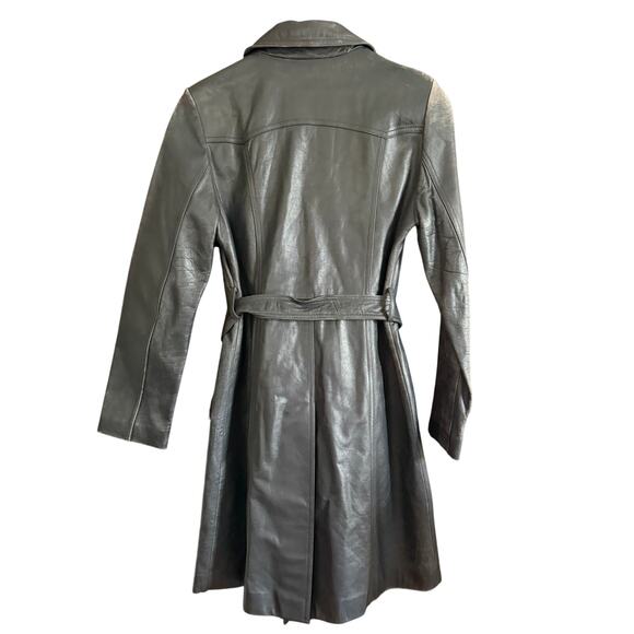 80s Vintage Emotion Dark Gray Leather Trench Coat with Belt | Small Retro - Picture 2 of 10